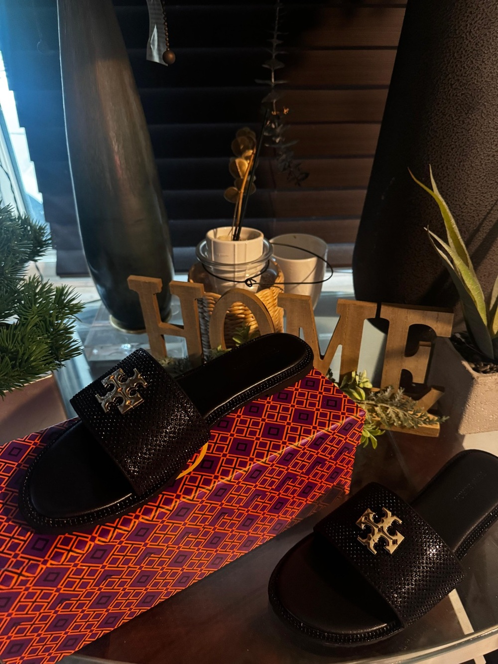 Tory Burch Black Logo Slide Sandals with Gold Emblem